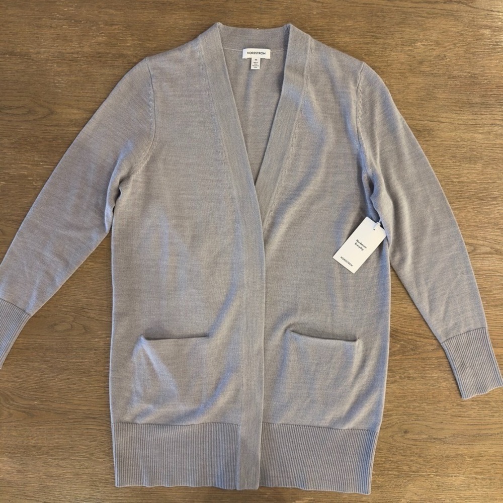 NEW Nordstrom Merino Wool Blend Open Front Long Line Duster Cardigan-Taupe-Sz XS